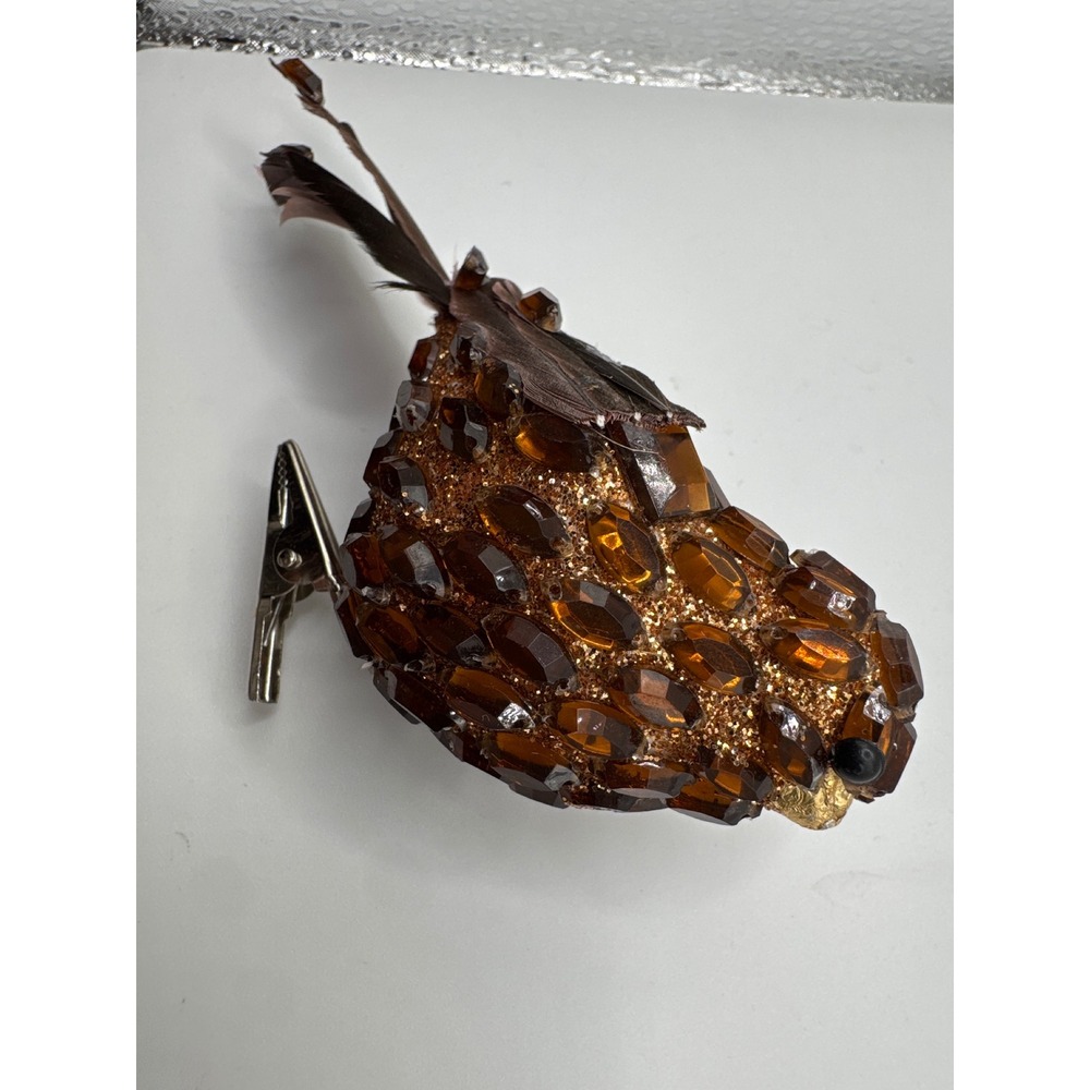 Amber Crystal Glitter Bird Clip-On Ornament Faux Feather Brown Gold 4 Inch